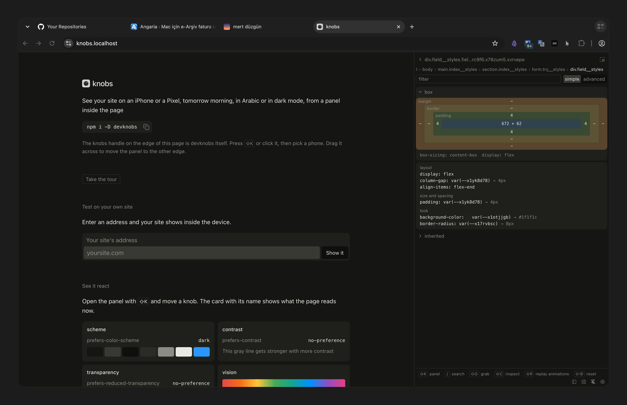 knobs inspect view docked beside the knobs site: the picked element's box model and its styles grouped by layout, size and spacing, and look
