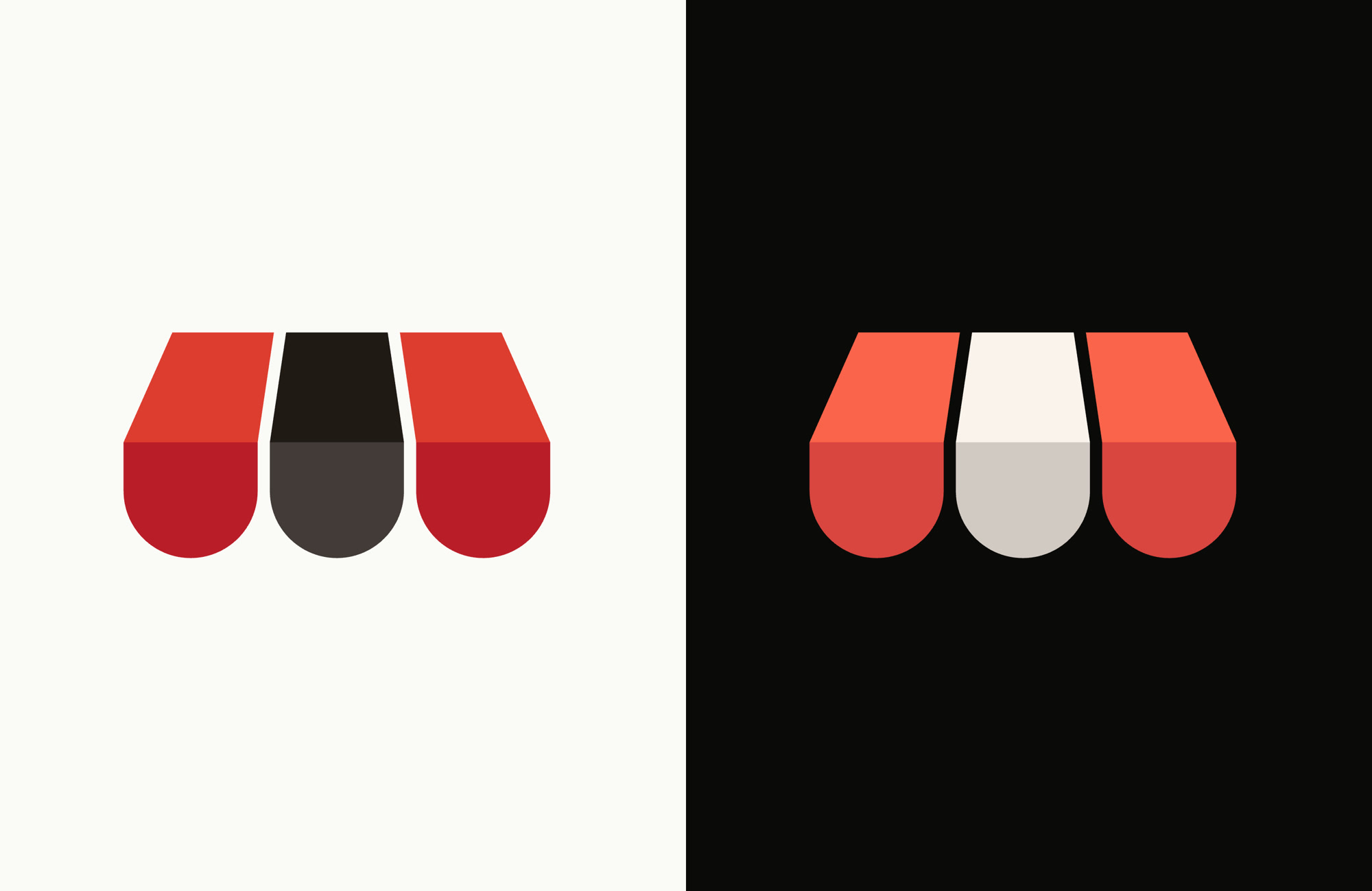 the new awning icon up close: two coral panels around a dark one on a light page, and the same icon with a light middle panel on a black page
