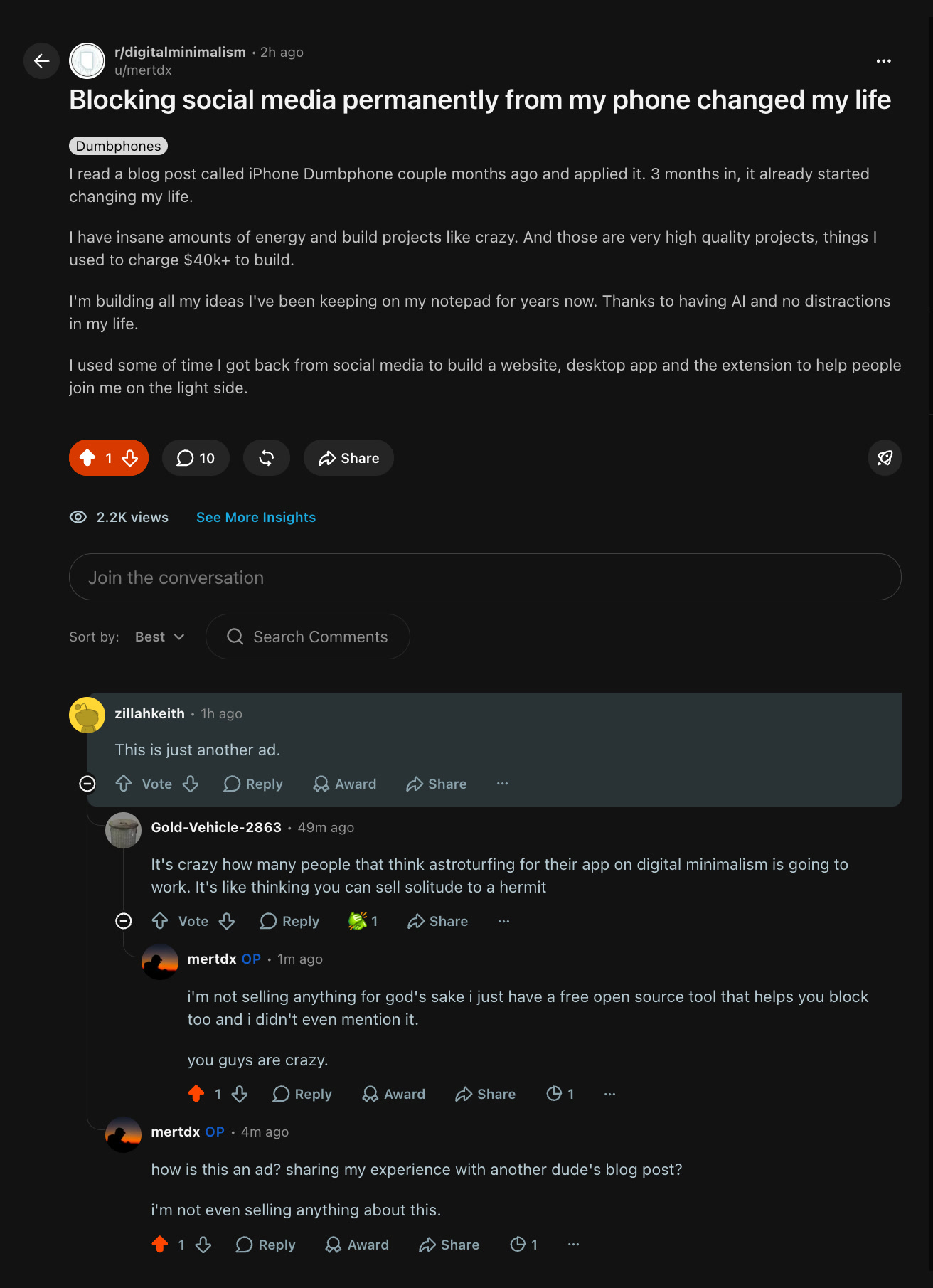 my r/digitalminimalism post about blocking social media on my phone, with replies calling it an ad and astroturfing, and my replies saying I'm not selling anything