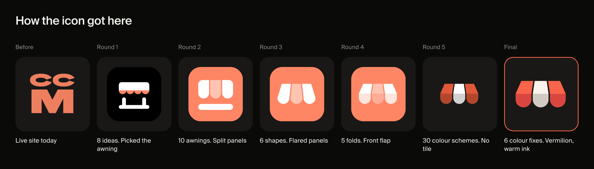 how the icon got here, in dark mode: the old CCM letters, then an awning stall, split panels, flared panels, a front flap, a version without a tile, and the final vermilion awning