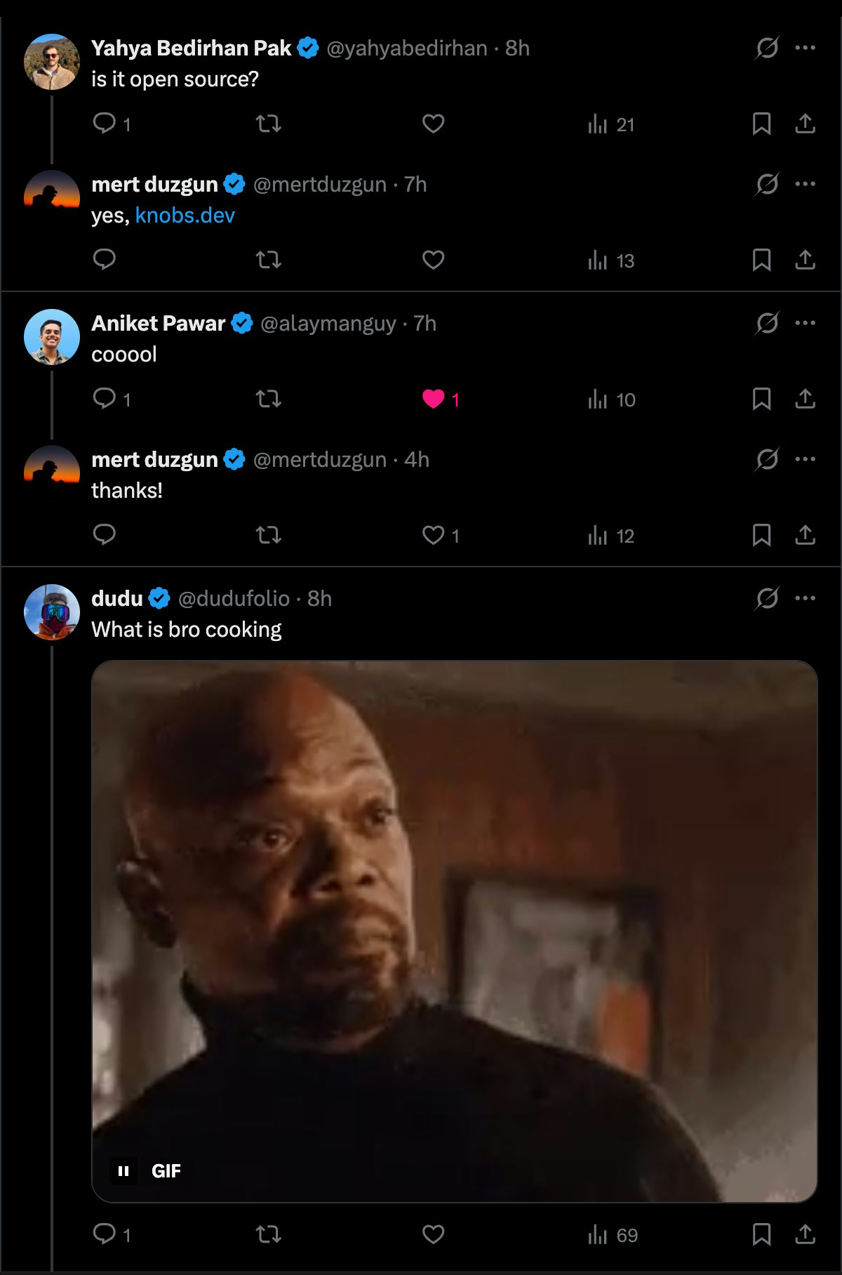 replies on X to the knobs.dev demo: someone asks if it is open source, someone says cooool, and someone asks what bro is cooking with a GIF