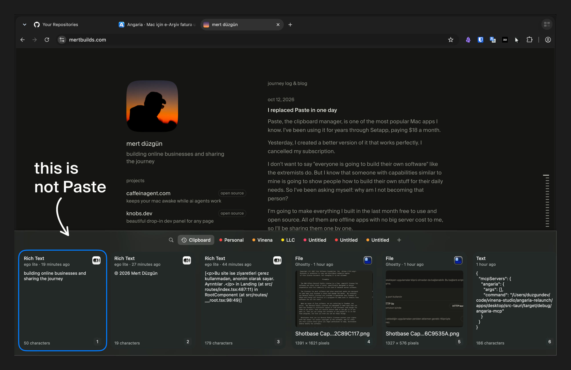 my clipboard manager open over mertbuilds.com: a shelf of recent clips along the bottom of the screen, with tabs for collections. Text on the screenshot says "this is not Paste", with an arrow to the shelf