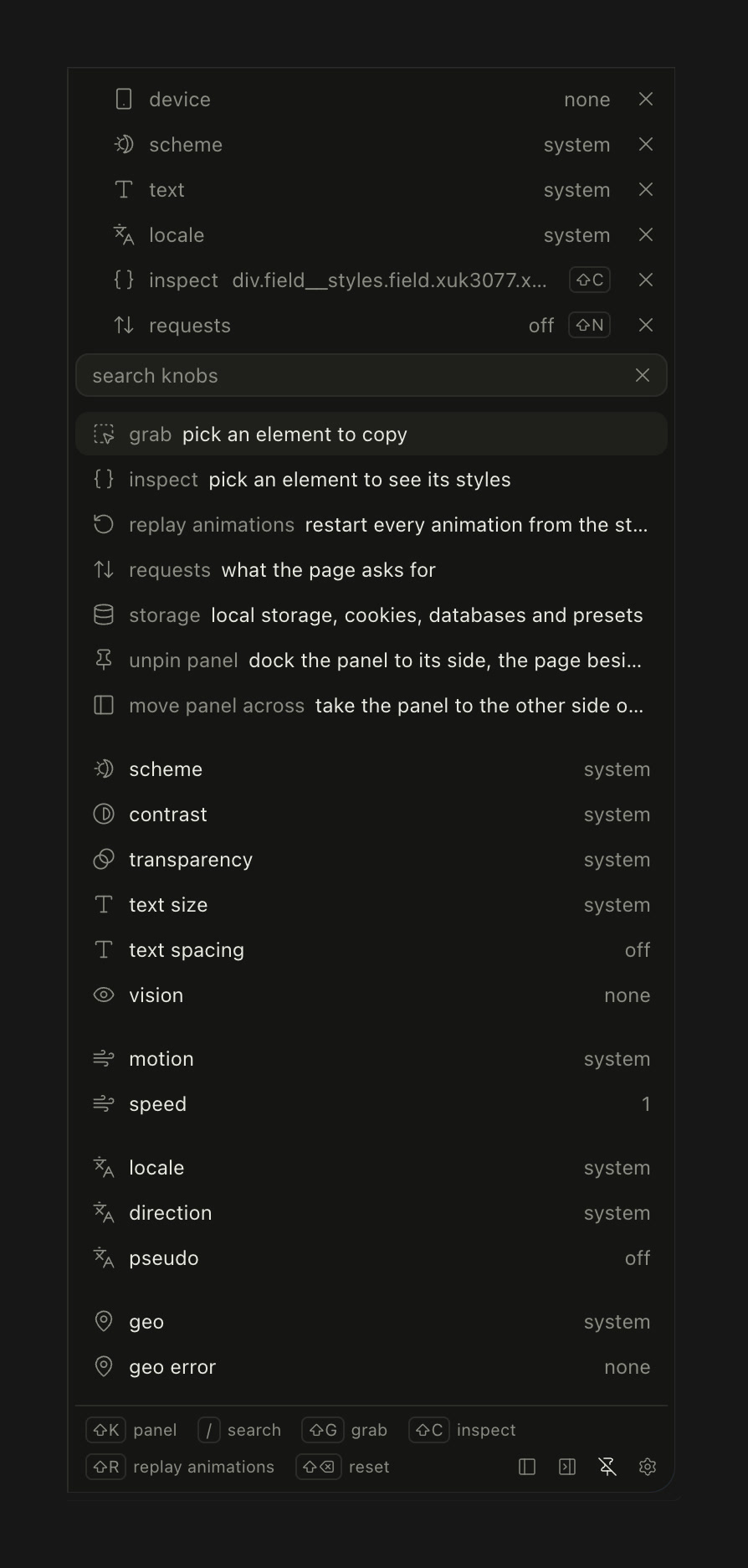 the knobs panel: grab, inspect, replay animations, requests and storage at the top, then knobs for scheme, contrast, text size, motion, locale and geo
