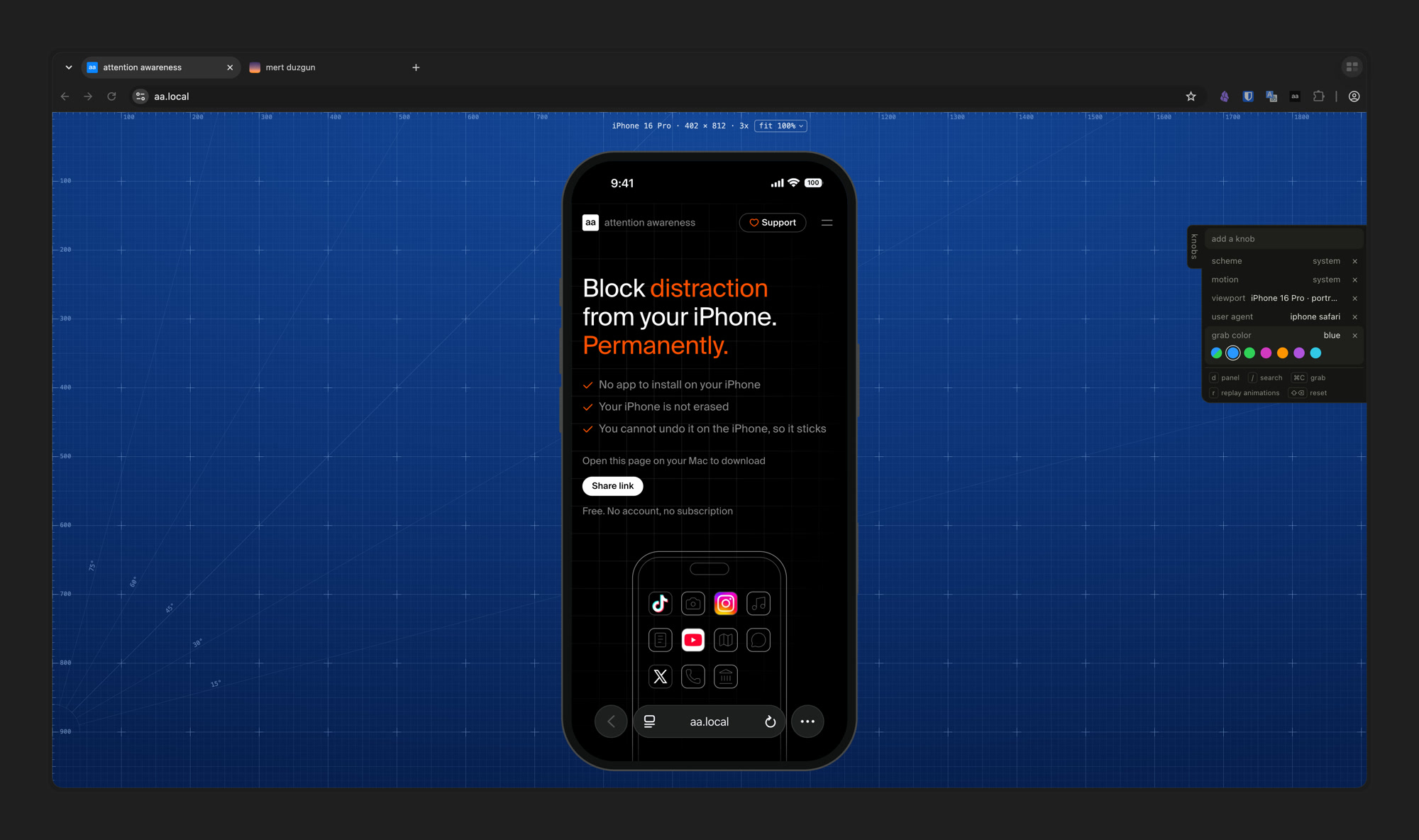 knobs, my dev tool, showing the attention awareness site inside an iPhone 16 Pro frame on a blueprint grid, with the knobs panel on the right
