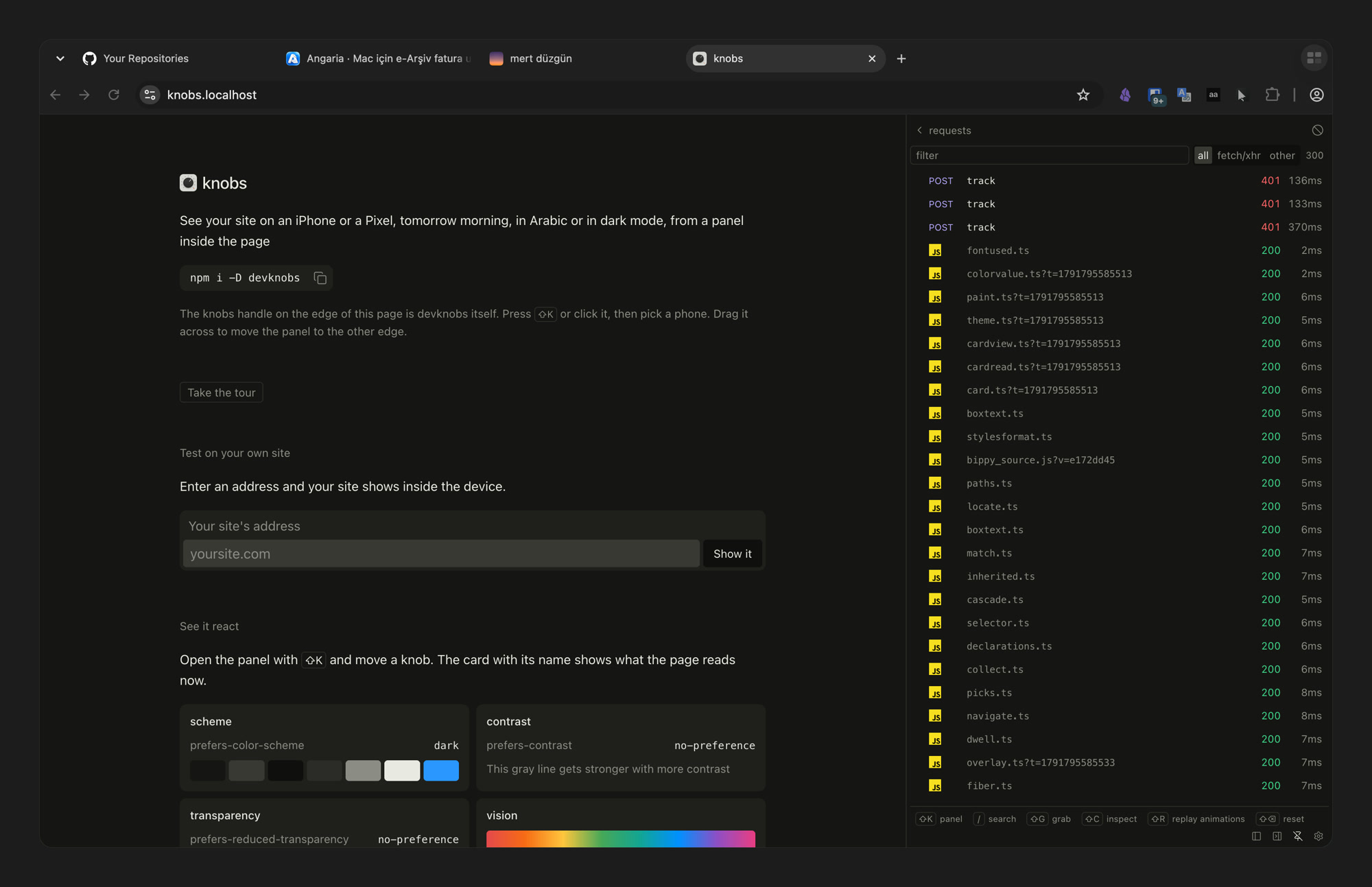 knobs requests view docked beside the knobs site: every request the page makes, with its status and time